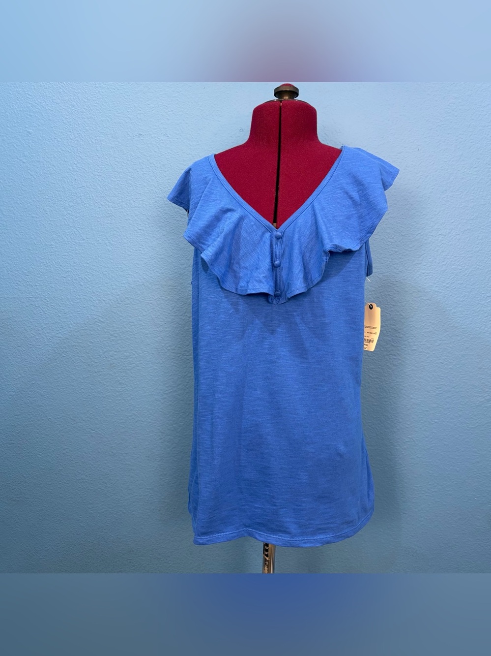 St. John's Bay Women's Blue V-Neck Ruffle Sleeveless Cotton Top Tags Size Small